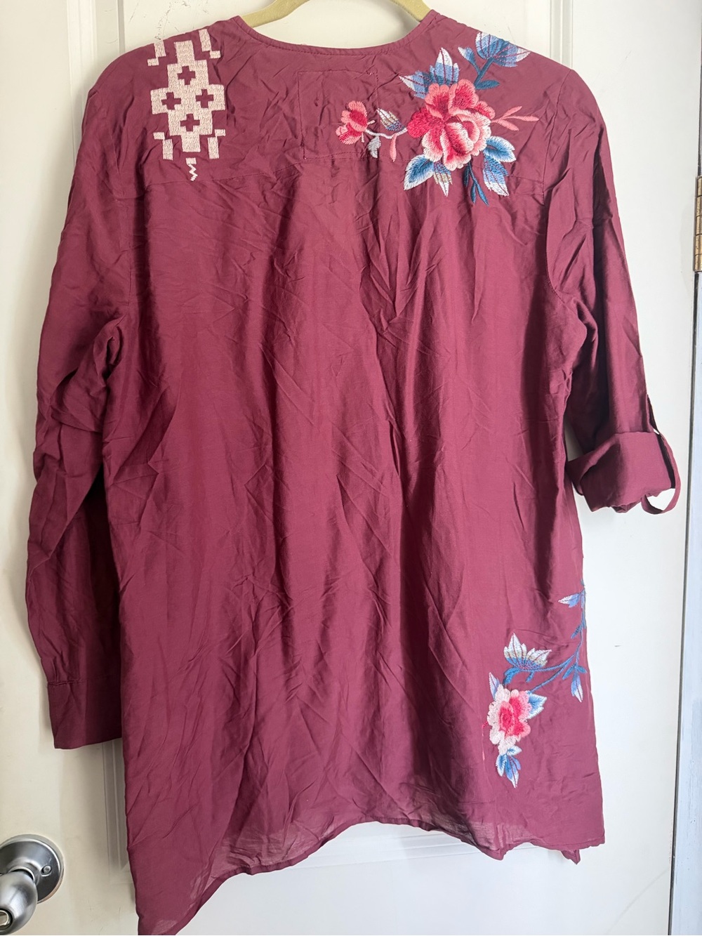 Johnny Was Tunic Top‎ Womens M Embroidered Floral Boho Burgundy cotton/silk - Picture 10 of 10